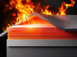Doorsnede modern huisdak met brandwerende isolatiematerialen in oranje en rood, beschermd tegen vlammen op achtergrond