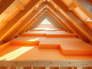 Dwarsdoorsnede dakstructuur met oranje PIR isolatiepanelen tussen houten spanten tijdens professionele installatie