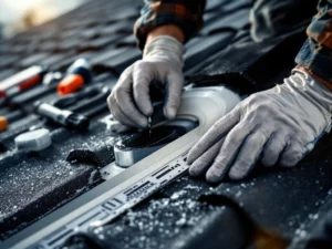 Handen in werkhandschoenen brengen waterdichte kit aan rond dakdoorvoer met professionele afdichtingsmaterialen