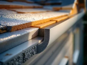 Dwarsdoorsnede dakrand met professionele isolatie rond aluminium dakgoten, schuimisolatie en dampschermen zichtbaar
