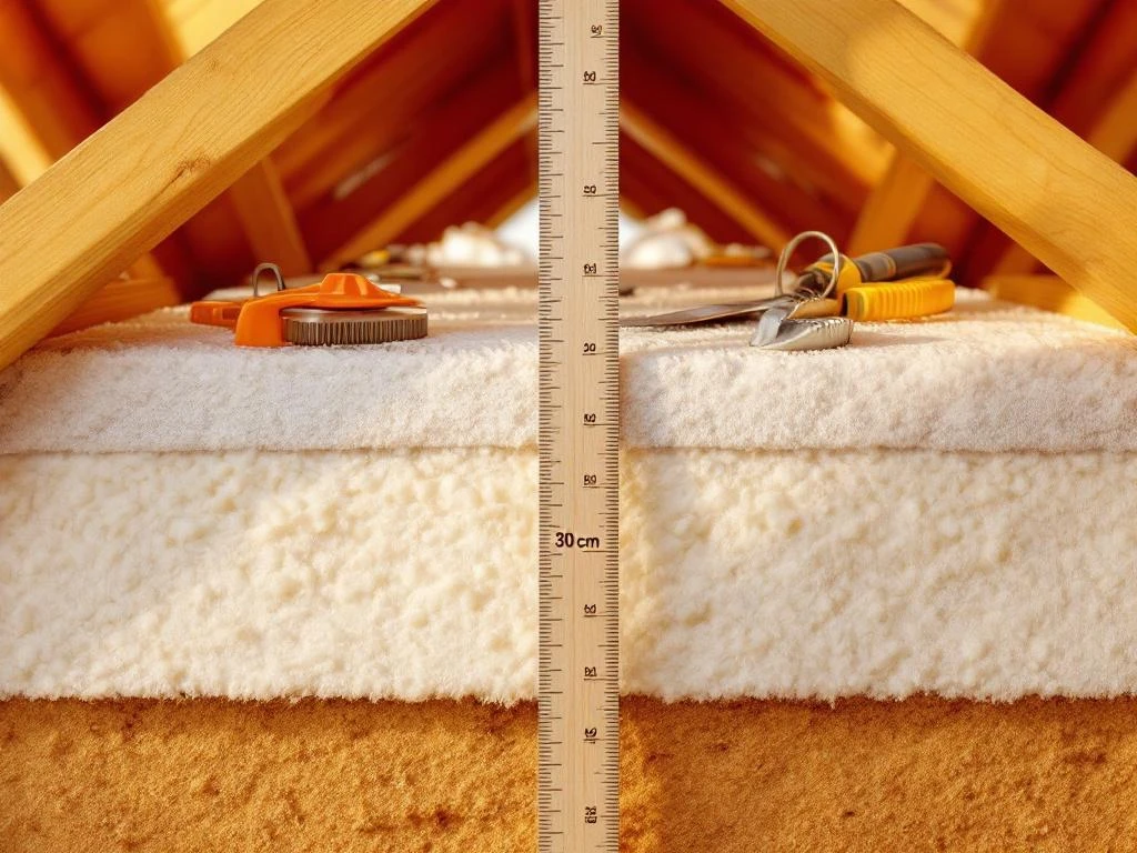 Dwarsdoorsnede dakisolatie met meetlat die 30 cm dikke witte isolatiepanelen toont, professioneel gereedschap op houten balken