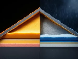 Dwarsdoorsnede van dakstructuur met dampopen isolatie (oranje) links en dampdichte isolatie (blauw) rechts