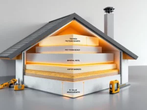 Doorsnede van moderne dakisolatie met PIR-platen, minerale wol en dampschermen, inclusief R-waarde indicatoren