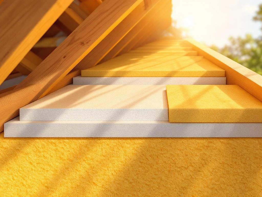 Doorsnede dakisolatie met gele mineraalwol en witte PIR-platen tussen houten balken, professioneel geïnstalleerd