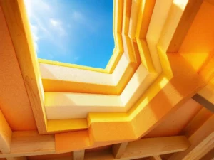 Doorsnede van modern dakisolatie met PIR en minerale wol panelen tussen houten balken, blauwe lucht zichtbaar