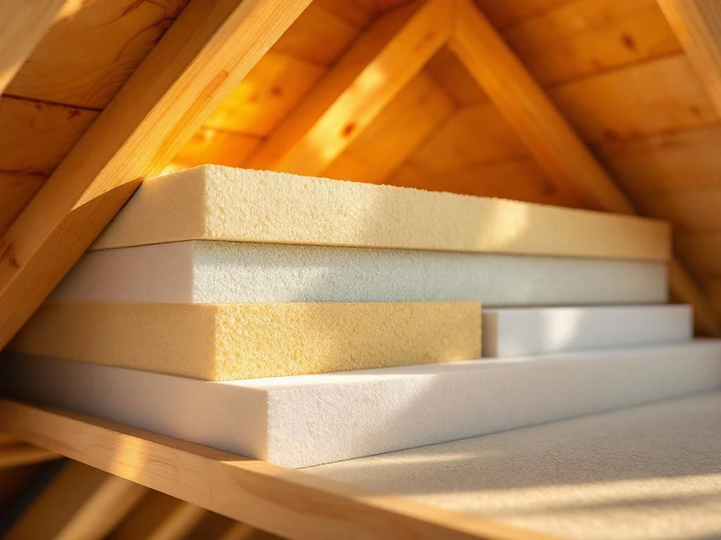 Dwarsdoorsnede dakisolatie met PIR- en minerale wolplaten tussen houten spanten, gedetailleerde constructie zichtbaar