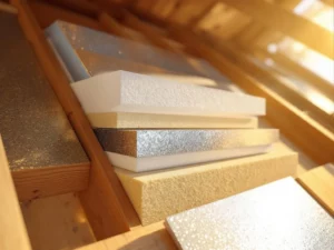 Doorsnede van schuine dak met isolatiematerialen tussen houten balken, met PIR-panelen en minerale wol in zonlicht