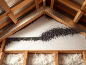 Dwarsdoorsnede dakstructuur met witte isolatiepanelen tussen houten spanten, toont goede ventilatie en schimmelpreventie