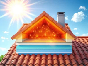 Dwarsdoorsnede van modern huisdak met hoogwaardige isolatiematerialen onder rode dakpannen, toont temperatuurverschil