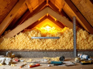 Dwarsdoorsnede dakisolatie met gele isolatiemateriaal tussen houten spanten, meetgereedschap en renovatietools zichtbaar