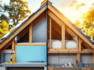 Dwarsdoorsnede dakisolatie met PIR-panelen buiten en minerale wol binnen tussen houten spanten met gereedschap