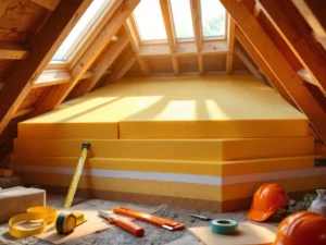 Dakisolatie installatie met gouden PIR-schuimplaten tussen houten spanten, gereedschap en veiligheidsuitrusting zichtbaar