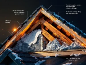 Doorsnede dakisolatie met beschadigde isolatiematerialen, houten spanten, vochtschade en luchtlekken