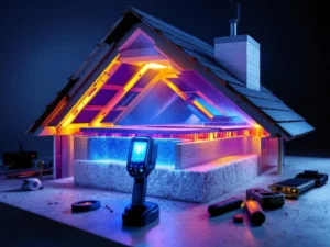 Thermische camera test dakisolatie met PIR en minerale wol panelen tussen houten spanten, warmteverlies zichtbaar