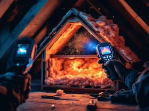 Professionele dakisolatie-inspectie met thermische camera toont warmtepatronen in dakspanten en isolatiemateriaal
