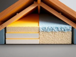 Doorsnede dakstructuur met stijve schuimisolatie links en zachte mineraalwol isolatie rechts tussen houten balken