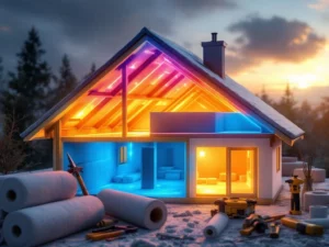 Dwarsdoorsnede dak met warmtebeeldvisualisatie toont warmteverlies door slechte isolatie versus koele goed geïsoleerde zones