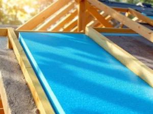 Dwarsdoorsnede van modern dakisolatiesysteem met blauwe XPS schuimisolatiepanelen tussen houten spanten