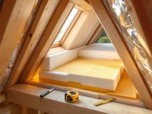 Doorsnede dakkapel met PIR isolatieplaten tussen houten spanten, dampscherm en gereedschap tijdens professionele isolatie