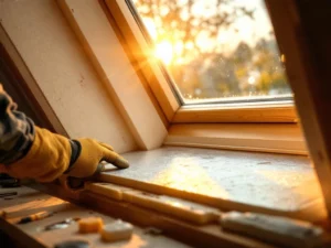 Professionele dakraam isolatie installatie met PIR schuimplaten en gereedschap in warm zonlicht vanuit interieur
