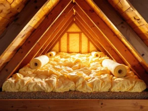 Professionele dakisolatie installatie tussen houten spanten in zolder met isolatiemateriaal en gereedschap