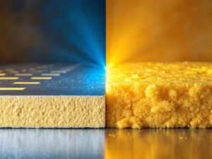 PIR isolatieplaten met folie tegenover gele glaswol isolatie in vergelijkende studio-opname met dramatische belichting