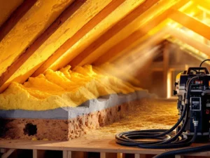 Polyurethaan schuimisolatie wordt aangebracht tussen houten dakspanten met professionele spuitapparatuur op voorgrond