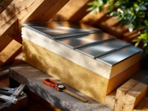 Doorsnede van moderne dakconstructie met dunne vacuüm isolatiepanelen tussen houten balken, gereedschap zichtbaar