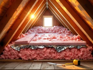 Dakisolatie installatie in zolder met roze glaswol tussen houten spanten, gereedschap en zonlicht door dakraam