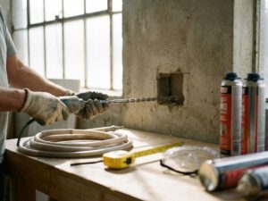 Professionele aannemer positioneert boor in muur, omringd door isolatiegereedschap en veiligheidsuitrusting op werkbank