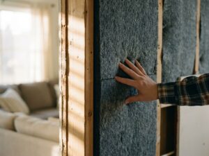 Hand raakt grijze akoestische isolatie tussen houten balken in doorsnede van moderne binnenmuur