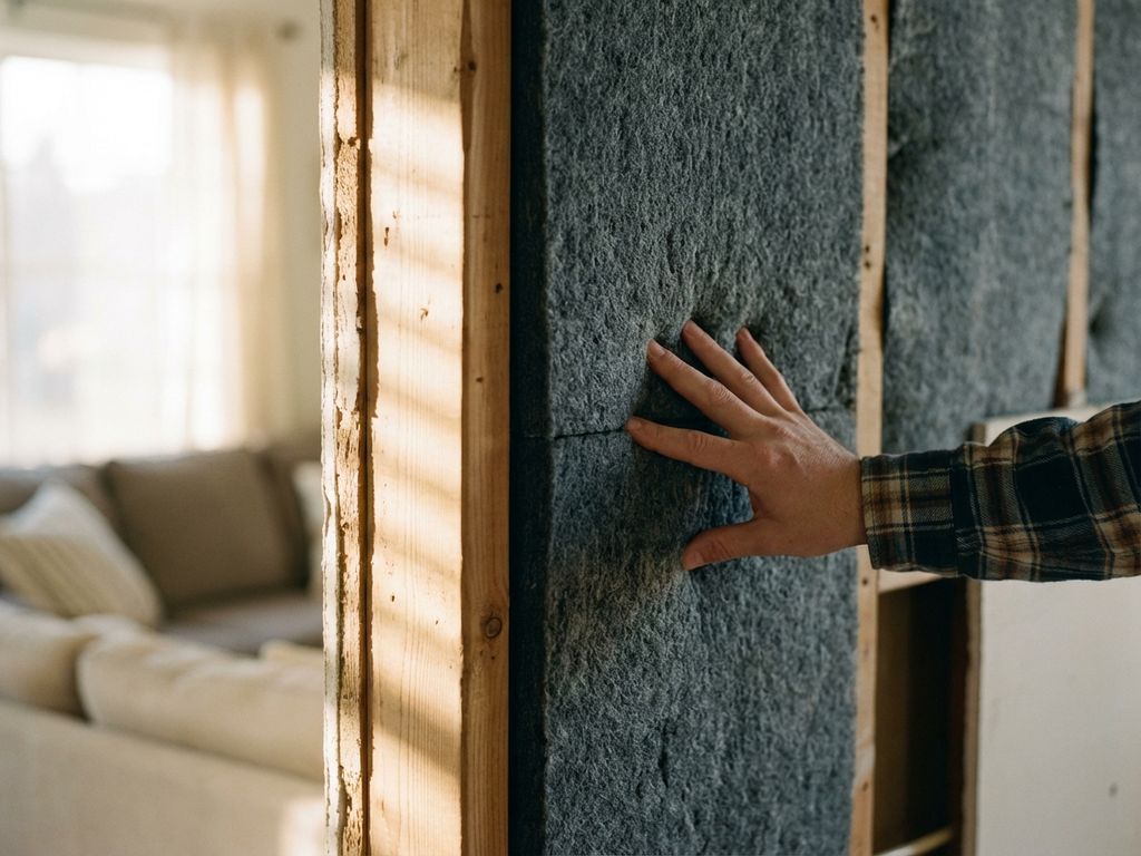 Hand raakt grijze akoestische isolatie tussen houten balken in doorsnede van moderne binnenmuur