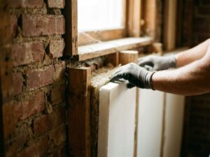 Werker installeert isolatiepanelen tussen houten balken in doorsnede van bakstenen muur met traditionele textuur