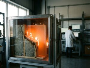Doorsnede van huismuur met brandwerende isolatie in laboratoriumtest, oranje vlammen gecontroleerd, materiaal intact
