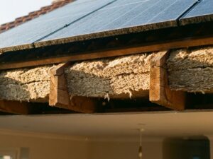 Doorsnede van modern dak met dikke isolatielagen tussen houten balken en zonnepanelen bovenop