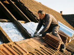 Dakdekker installeert moderne isolatie tussen houten balken op traditioneel Europees pannendak bij zonsondergang