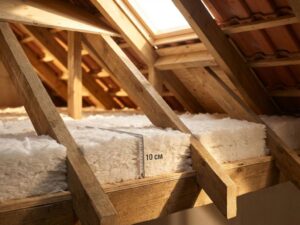 Dwarsdoorsnede dakisolatie met meetlint dat 10 cm dikke witte isolatielaag tussen houten spanten toont