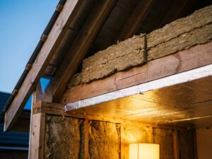Dwarsdoorsnede dakisolatie met minerale wol tussen houten spanten, professionele installatie zonder kieren