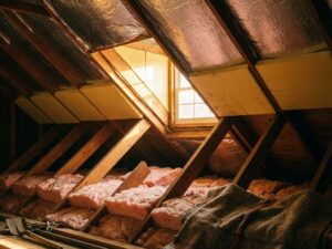 Dwarsdoorsnede van dakisolatie met roze glaswol tussen balken, rigide schuimplaten en reflecterende folie in zonneschijn