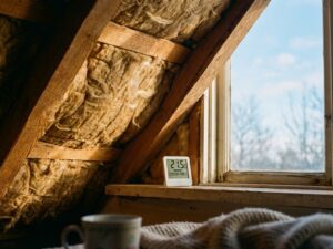 Digitale thermometer op vensterbank toont comfortabele temperatuur, dakisolatie zichtbaar in doorsnede, winter buiten