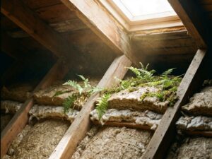 Dwarsdoorsnede van dak met ecovriendelijke isolatie van hennepvezel en gerecycleerd katoen tussen houten balken