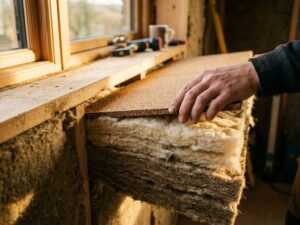 Werker plaatst kurk isolatie tussen houten balken met hennep en schapenwol in duurzame muurconstructie