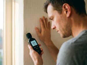 Geluidstechnicus meet geluidsniveaus met decibelmeter tegen witte muur, hand luisterend tegen oppervlak
