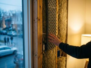 Doorsnede van moderne muurisolatie met dikke schuimpanelen en minerale wol tussen houten balken, hand raakt textuur aan