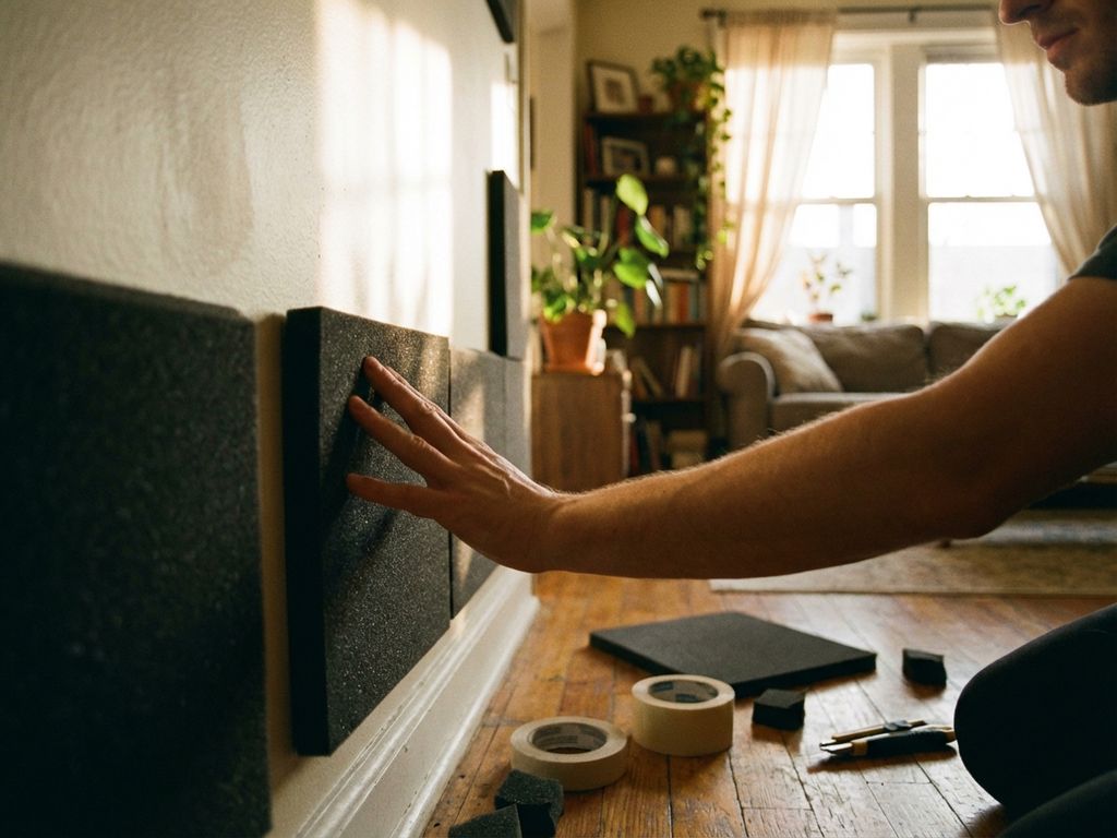 Persoon installeert dikke akoestische schuimpanelen op appartementsmuur, gereedschap en materialen op houten vloer