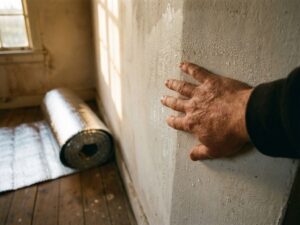 Hand drukt tegen koude muur met condensdruppels, reflecterende isolatie op houten vloer, natuurlijk licht
