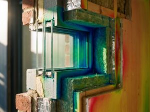 Doorsnede moderne huismuur met HR++ dubbel glas en isolatie, thermische beeldkleuren tonen warmtebehoud patronen