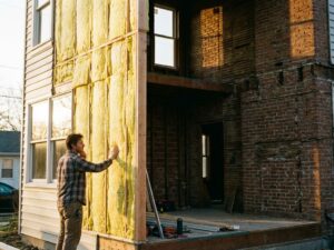 Huiseigenaar bekijkt gele isolatiemateriaal in doorsnede van muur, contrast met ongeïsoleerde bakstenen wanden