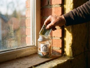 Hand die eurobiljetten in glazen pot met huissymbool stopt bij bakstenen muur met isolatiemateriaal, zonlicht door raam