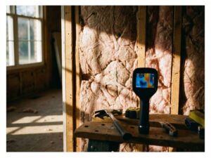 Doorsnede huismuur met isolatiemateriaal tussen houten balken, thermische camera toont warmteverlies in oranje en blauw